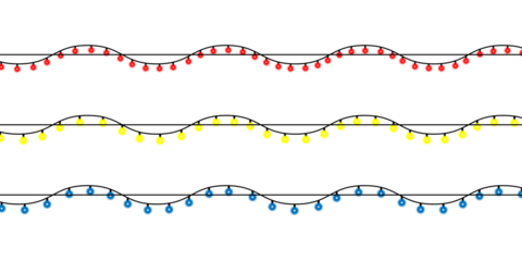Three wavy lines of colorful christmas lights isolated on transparent background
