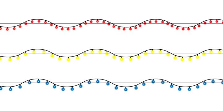 Three wavy lines of colorful christmas lights isolated on transparent background