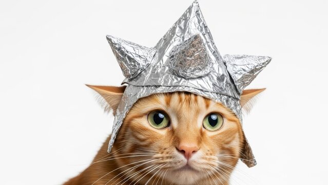 cat wearing a tinfoil hat, paranoid, paranoia, on a white background, animal photo