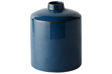Cylindrical Dark Blue Ceramic Vase or Bottle with Narrow Neck and Glossy Glaze, Isolated on Transparent Background