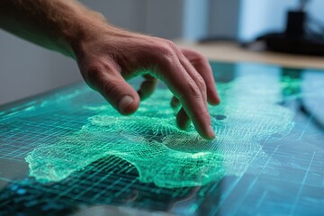 Interactive technology display shows hand manipulating digital map in modern workspace during daylight