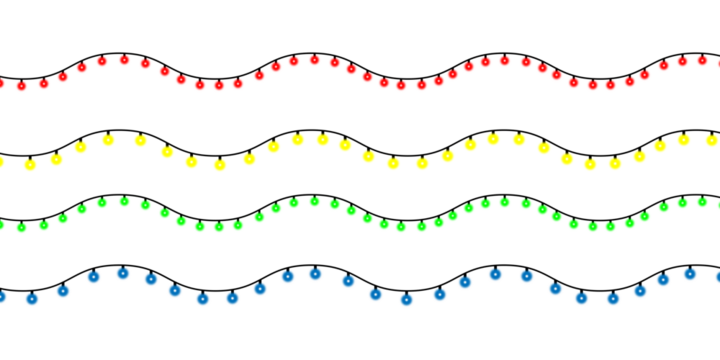Wavy lines of colorful christmas lights isolated on transparent background