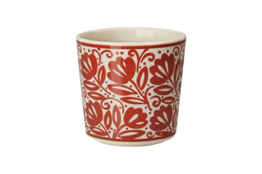 White Ceramic Drinking Cup with Vibrant Red Floral and Botanical Pattern, Isolated on Transparent Background