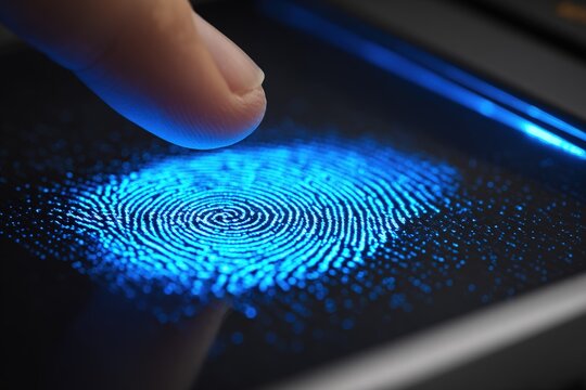Close-up view of a finger pressing on a smartphone scanner displaying a blue fingerprint pattern
