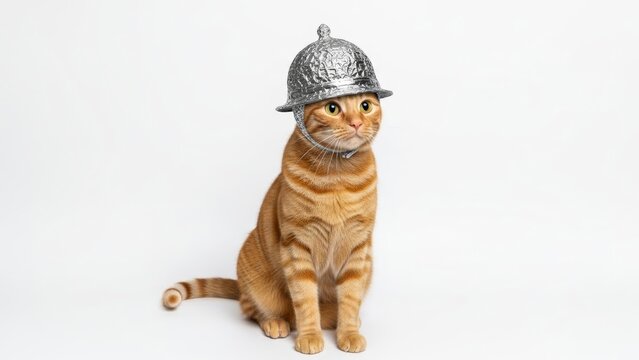 Cat Wearing a Tinfoil Hat on White Background
