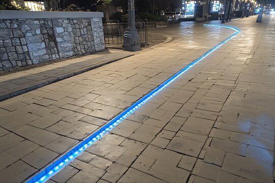 Futuristic urban design with a glowing blue LED strip integrated into a stone tile sidewalk, creating a guiding light path at night - Powered by Adobe