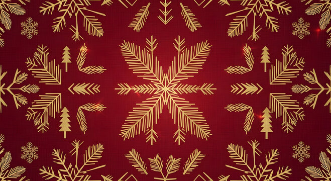 Luxury red and gold winter holiday pattern featuring symmetrical stylized snowflake and pine tree branches - Powered by Adobe