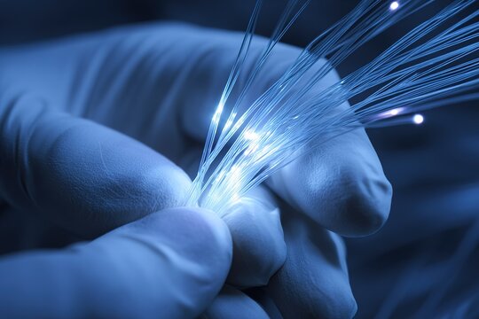 Hands skillfully handling fiber optic cables under blue light in a technology lab during evening hours - Powered by Adobe