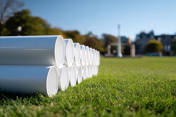 Plastic tubes arranged neatly on a grassy field, ready for outdoor activities or events in a sunny afternoon
