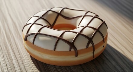 Classic glazed donut, white icing, chocolate drizzle, rustic wood