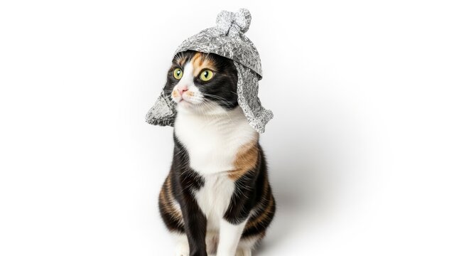 Cat Wearing a Tinfoil Hat on White Background