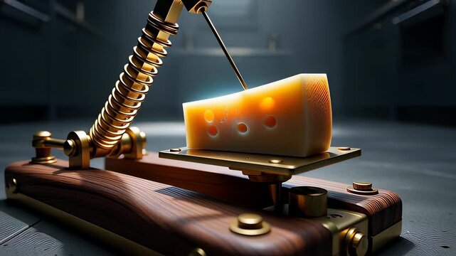 Cinematic 3D animation of a vintage wooden mousetrap with Swiss cheese bait on a dark floor, illustrating concepts of risk and temptation.