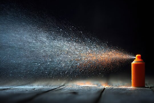 Spray can releasing vibrant mist in a dark setting during a creative art session at night