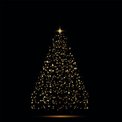 Vector Christmas tree made of glowing lights. Bright shiny Christmas light. Glittering lights in the form of a Christmas tree. Gold glowing spruce luxurious design. Vector on png background.