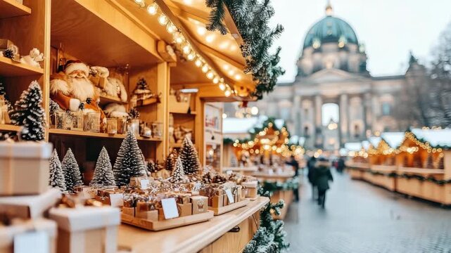 Stroll through a bustling winter market filled with cheerful decorations and delicious treats in a vibrant town square on a chilly day