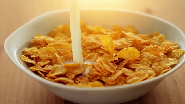 Golden cornflakes fill a white bowl as creamy milk streams over the crunchy surface, creating a delicious combination. The cheerful breakfast scene exudes warmth and comfort, perfe