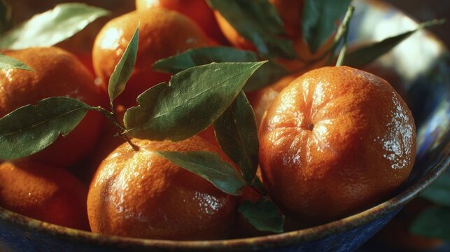 A close-up of a bowl of clementines with a few leaves,
