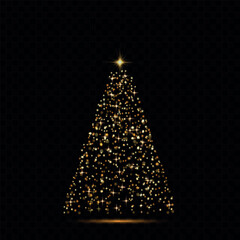 Vector Christmas tree made of glowing lights. Bright shiny Christmas light. Glittering lights in the form of a Christmas tree. Gold glowing spruce luxurious design. Vector on png background.