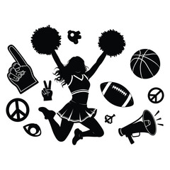 Silhouette of a cheerleader jumping surrounded by sports and peace related icons