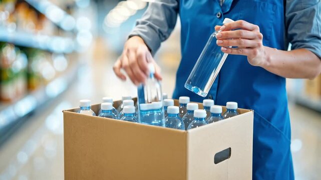 store employee holding a cardboard box filled with water bottles, preparing to place the products onto shelves in a retail aisle