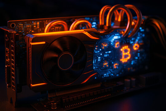 A close-up of a backlit GPU running a cryptocurrency mining operation, with glowing circuits and active cooling