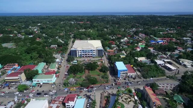 Puerto Princesa Cityscape in Palawan, Philippines. Shopping Mall and Architecture in Background. Drone