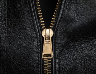 Close-up of a gold zipper against textured black leather fabric, partially zipped