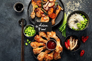 Asian style banquet or buffet. Chicken dishes.