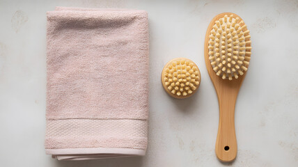 Pink towel wooden massage brush and exfoliating brush on white background spa and skincare tools for relaxation and beauty routine