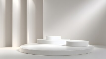 Fototapeta premium Minimalistic podium display. abstract minimal scene with a white podium for product presentation. minimal geometric background, white round podiums.