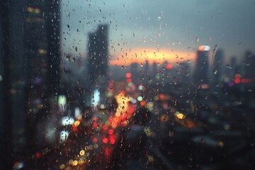 Raindrops on a window with a blurred cityscape and sunset in the background at dusk or dawn time
