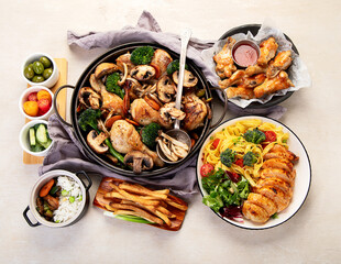 Family dinner. Roasted chicken with vegetables. Healthy eating.