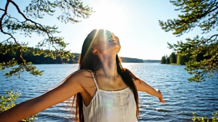 Woman enjoys sunlight at lake during summer vacation getaway day