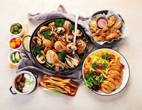 Family dinner. Roasted chicken with vegetables. Healthy eating.