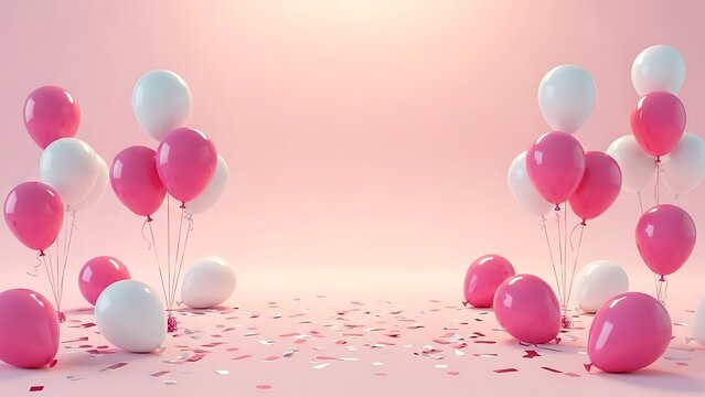 Pink and white balloons and confetti on a pastel pink background