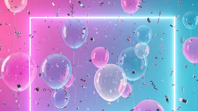 Abstract glowing neon square frame with floating iridescent bubbles and confetti - Powered by Adobe