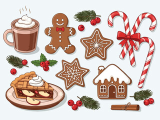 Assortment of Christmas baked goods hot chocolate candy canes and winter foliage