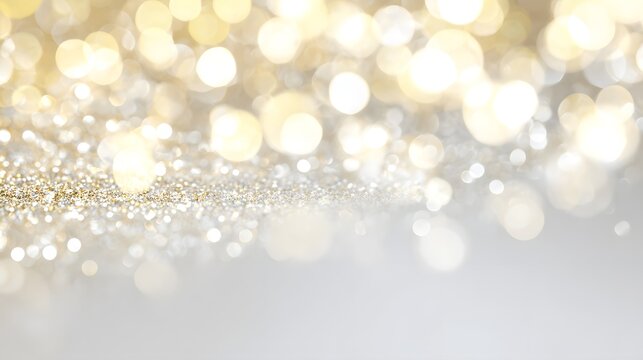 Gold glitter confetti on a white background. Festive abstract background. Gold glitter luxury sparkling confetti. Golden glitter background with bokeh defocused lightsю
