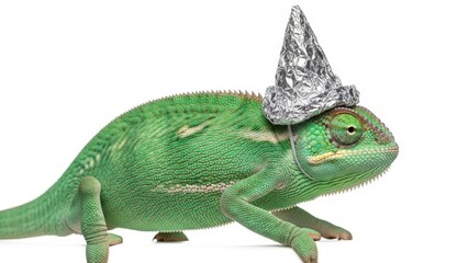 Naklejka premium chameleon wearing a tinfoil hat, paranoid, paranoia, on a white background, animal photo