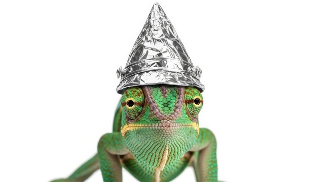 chameleon wearing a tinfoil hat, paranoid, paranoia, on a white background, animal photo