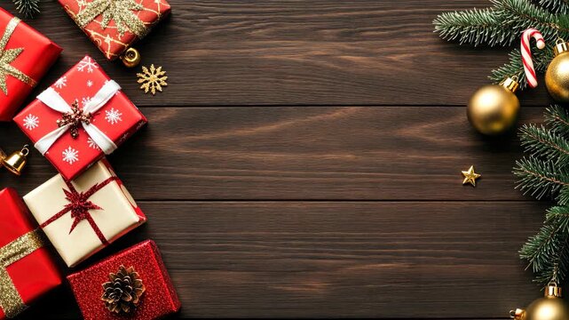 Colorful holiday gifts and ornaments are arranged on a rustic wooden table, creating a festive atmosphere for Christmas