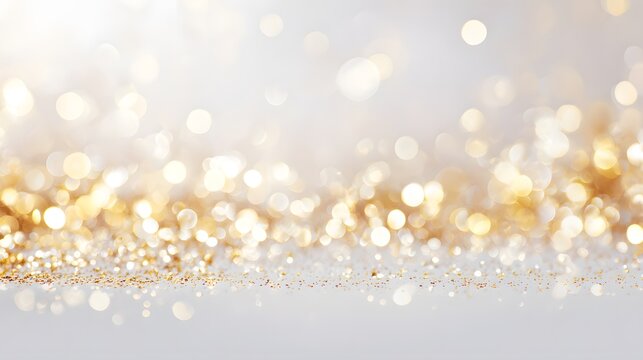 Gold glitter confetti on a white background. Festive abstract background. Gold glitter luxury sparkling confetti. Golden glitter background with bokeh defocused lightsю