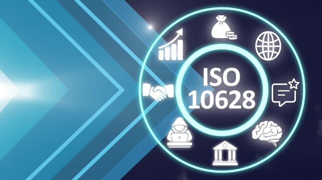 ISO 10628 acronym, Diagrams for the chemical and petrochemical industry specifies the classification, content, and representation of flow diagrams. Showing ISO 10628 icons on virtual screen.