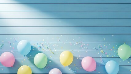 Pastel easter eggs scattered on a blue wooden background with sunlight