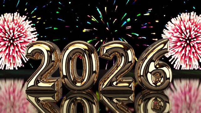 Golden numbers 2025 on reflective surface with colorful firework bursts. New year celebration for calendar, greeting card footage. 