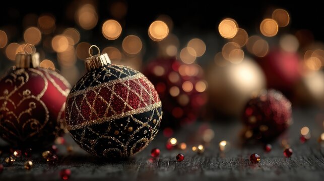 Background with red and gold Christmas ornaments, glowing bokeh lights, festive decoration layout, elegant seasonal design, abstract holiday backdrop perfect for web banners or greeting cards