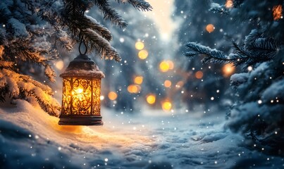 Fototapeta premium Vintage lantern illuminating a snowy forest, creating a warm, festive atmosphere with falling snow and bokeh lights for holidays