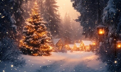 Naklejka premium Winter village scene with snow-covered trees and houses illuminated by warm decorative lights during a tranquil snowfall