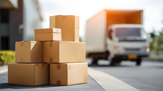Close-up of cardboard boxes in front of a truck. Selective focus. Delivery service concept. Shipping and logistics concept. 