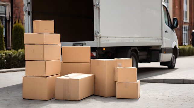 Close-up of cardboard boxes in front of a truck. Selective focus. Delivery service concept. Shipping and logistics concept. 